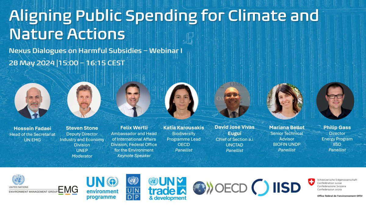 United Nations Environment Management Group (@un_emg) on Twitter photo This is your opportunity to engage in a crucial conversation on subsidy reform that supports #BiodiversityConservation and #ClimateAction🌍
🌿Join our webinar tomorrow to explore transformative solutions!
⏰ 28th May 2024, 3:00 PM CEST
MORE: unemg.org/nexus-dialogue… This is your opportunity to engage in a crucial conversation on subsidy reform that supports #BiodiversityConservation and #ClimateAction🌍
🌿Join our webinar tomorrow to explore transformative solutions!
⏰ 28th May 2024, 3:00 PM CEST
MORE: unemg.org/nexus-dialogue…