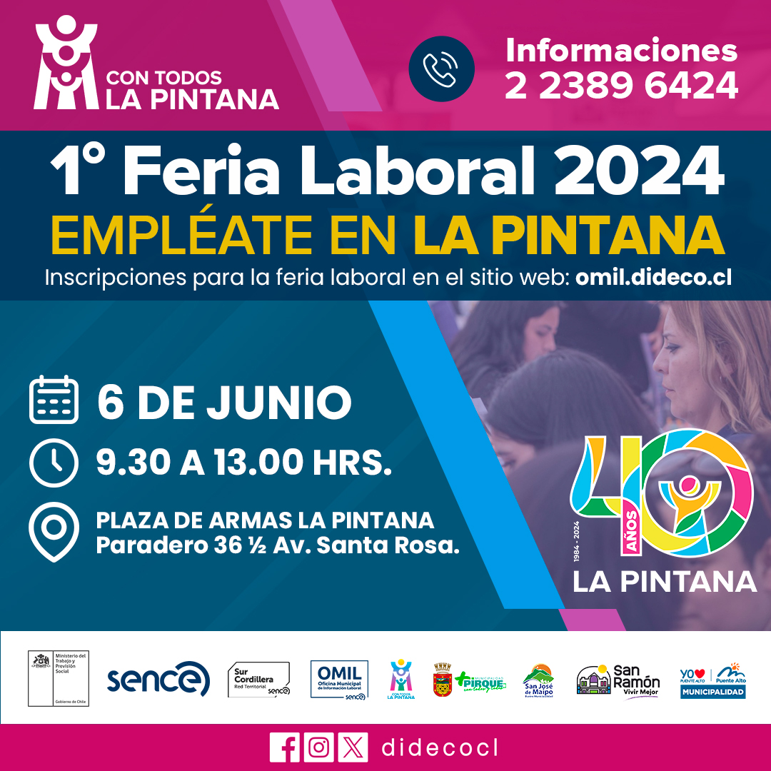 didecocl's tweet photo. ATENCIÓN FERIA LABORAL EMPLÉATE EN LA PINTANA 2024 Vecinos y vecinas, el próximo 6 de junio se llevará a cabo en nuestra Plaza de Armas la Feria Laboral de La Pintana 2024, de 9:30 a 13:00 horas. https://t.co/NjurSmYXbu…
@MuniLaPintana
@ClaudiaPizarro https://t.co/9jxIE7LPmU