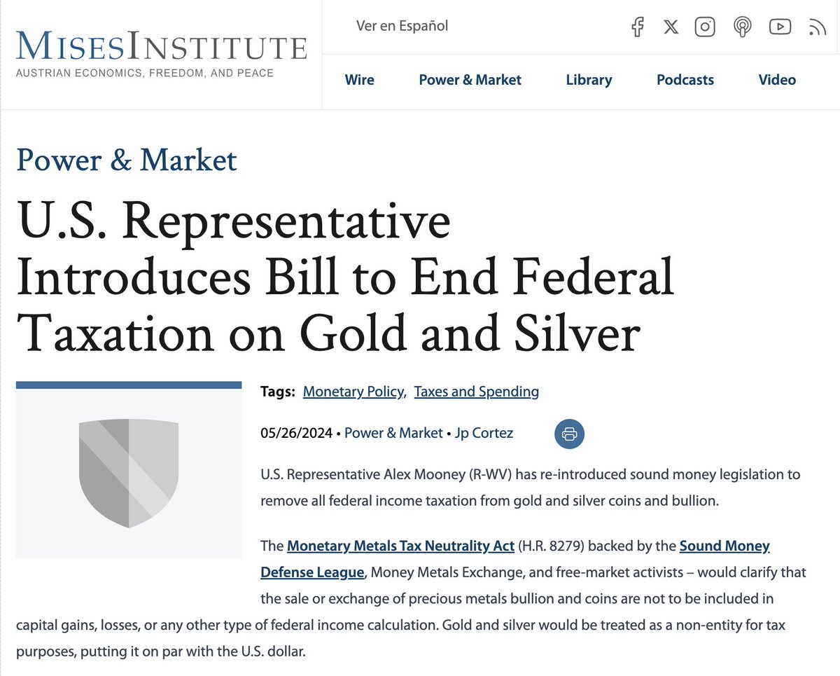 Thank you to @mises for publishing @SoundMoneyDef's report on @RepAlexMooney's HR 8279, a measure that would end federal income taxes on gold and silver nationwide.