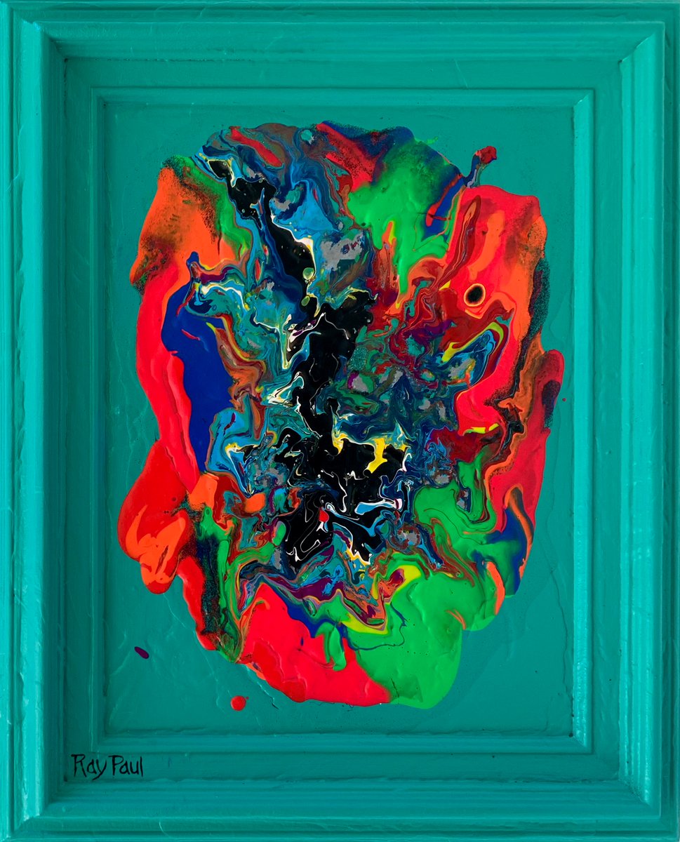 raypaul4's tweet image. "Teal Chakra Framed," acrylic, latex and enamel on canvas and frame, 17" x 21" 2024 #abstractart #abstractpainting #popexpressionism #neonart #chakraart #neonkundalini #neonpainting