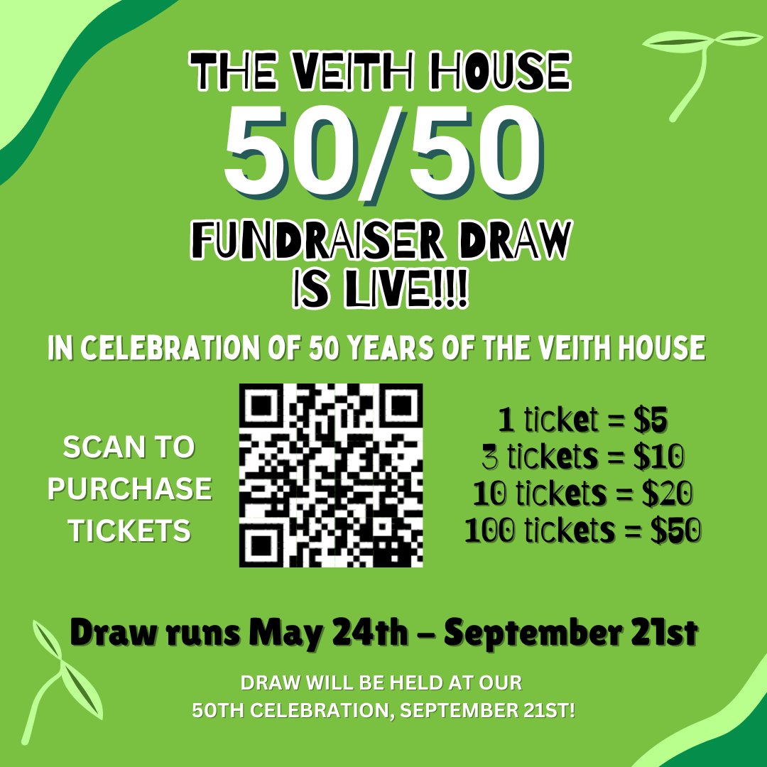 VeithHouse's tweet photo. Our 50/50 draw is live!
Buy a ticket (or 100) online at the link in our bio and tell your friends, too!
This draw runs all summer, straight through to September when we host our big 50th party. #veithhouse #community #50years https://t.co/Td9TI6bTLJ