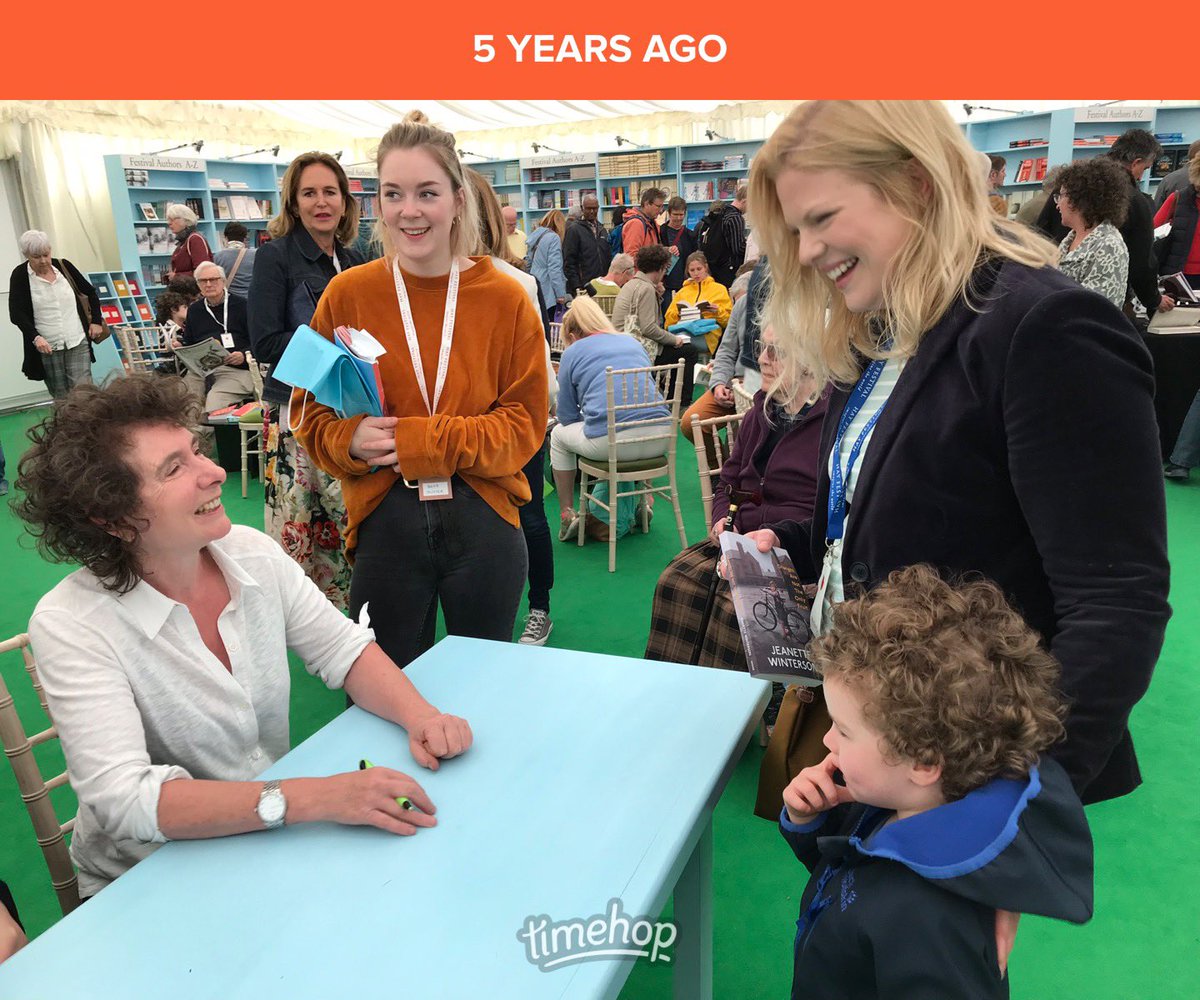 BookishBecca's tweet photo. #hayfestival throwback. Devastated not to be there for Jeanette Winterson this year but can’t top her meeting Fred &amp; comparing curls ❤️ https://t.co/uTFzzhgIcy