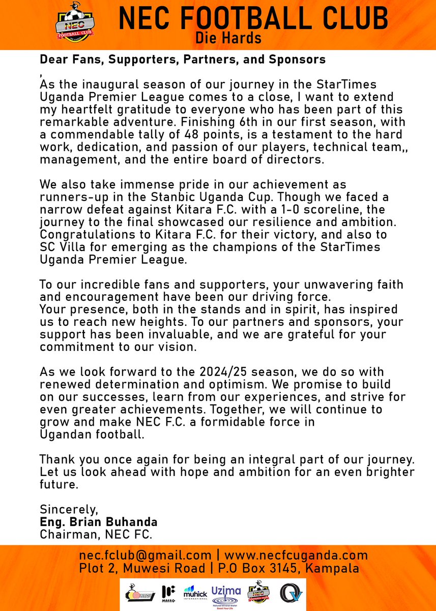 We also take immense pride in our achievement as runners-up in the Stanbic Uganda Cup. Though we faced a narrow defeat against Kitara F.C. with a 1-0 scoreline, the journey to the final showcased our resilience and ambition. Congratulations to @KitarafcHoima for their