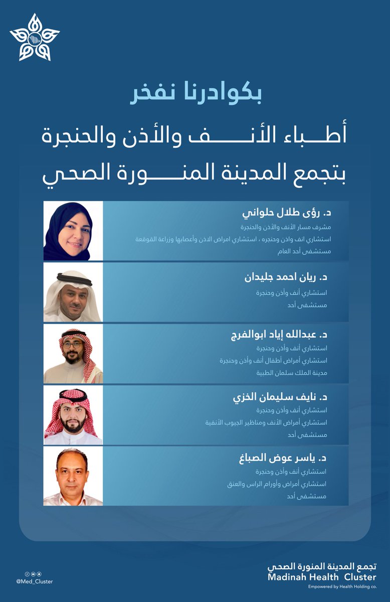 #بكوادرنا_نفخر 

أطباء مسار الأنف والأذن والحنجرة ..
كفاءات مؤهلة وخبرات عالية 

#تجمع_المدينة_الصحي 
#المدينة_المنورة