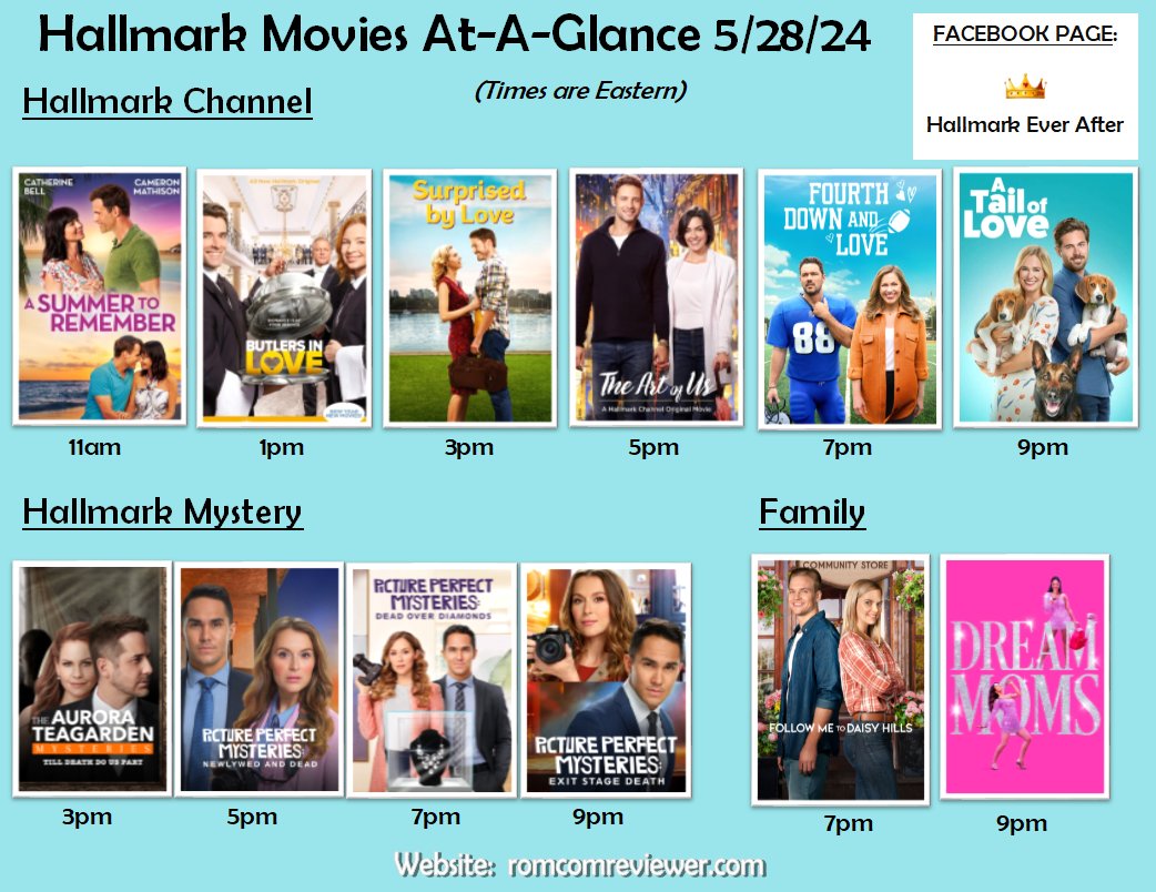 Here are the movies playing today, 5/28, on #HallmarkChannel, #HallmarkMystery, and #HallmarkFamily.

#HallmarkMovies #HallmarkSchedules #romcoms #Sleuthers #Hallmarkies