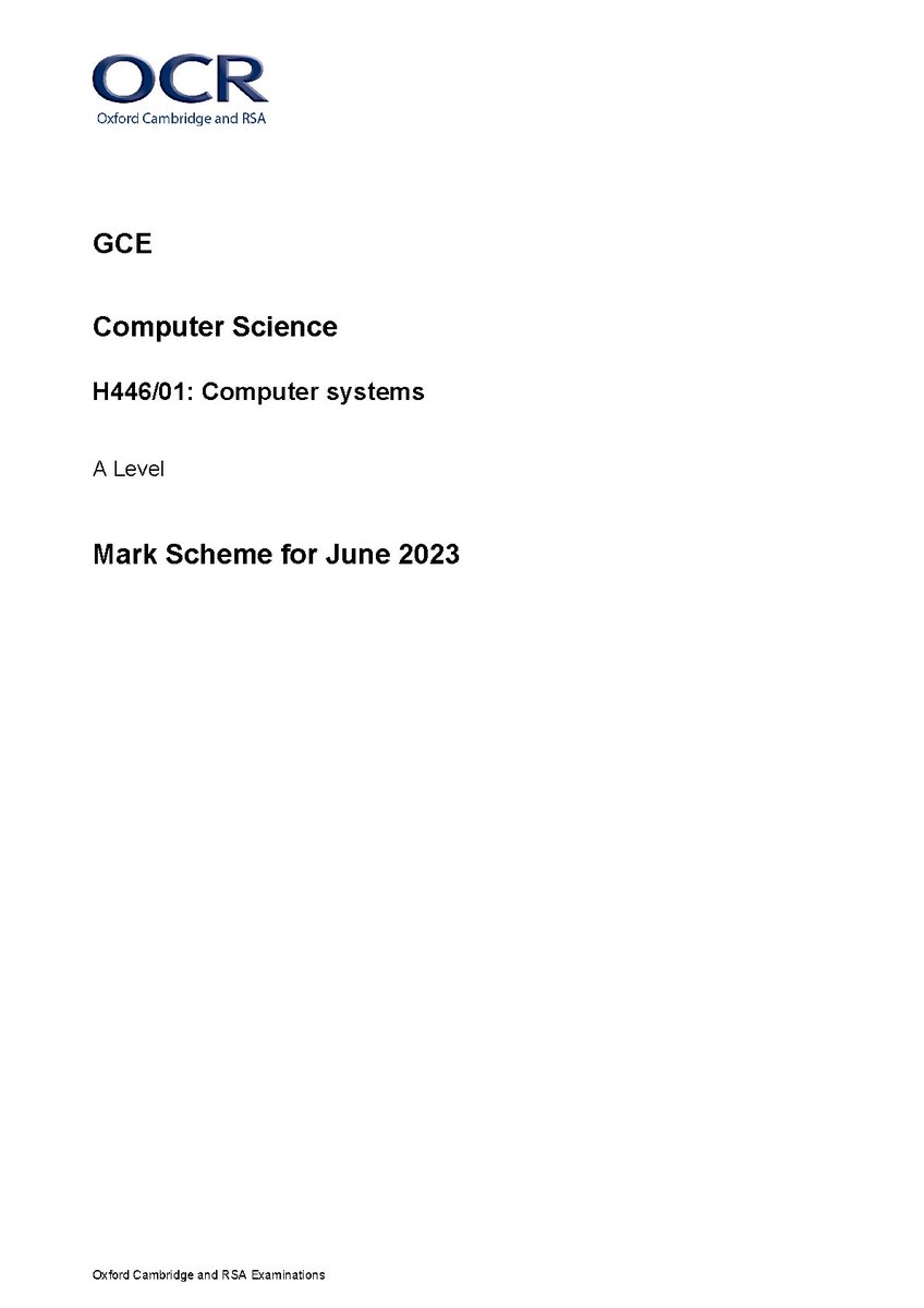 tstudies259's tweet image. fliwy.com/item/379711/oc…
OCR A LEVEL COMPUTER SCIENCE PAPER 1 2023 MARK SCHEME (H446/01: Computer systems) 
#ocralevelcomputersciencepaper1markscheme #computersystems #fliwy