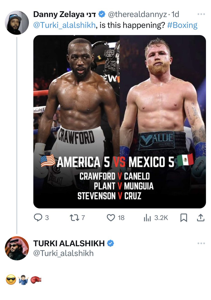 His Excellency Turki Alalshikh responding to a post about a potential future USA-Mexico 5 vs 5 event headlined by Canelo Alvarez vs Terence Crawford…