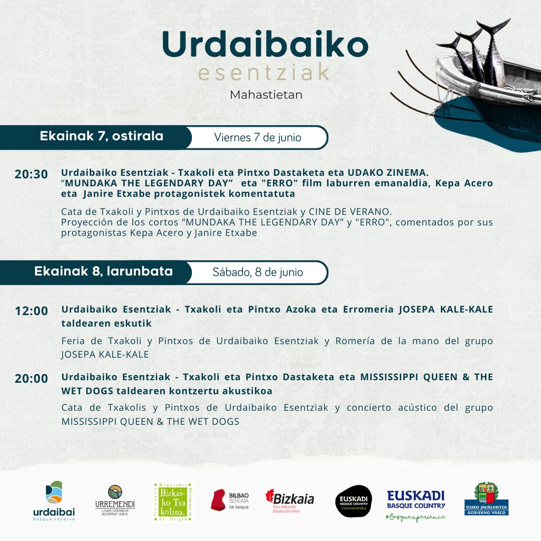 🍷🎶📽️ #UrdaibaikoEsentziakMahastietan! Ekainaren 7an eta 8an gozatu Urdaibaiko gastronomiaz eta txakolinaz! Musika, udako zinea... eta sorpresa gehiago ingurune natural ikusgarri batean! 🎟 ESKURATU SARRERAK AGORTU AURRETIK 👉 labur.eus/JUd2i