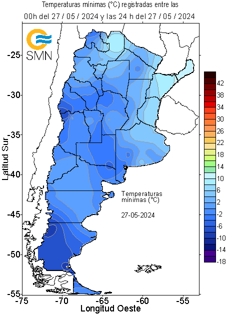 🥶 Esta mañana se registraron mínimas bajo cero en todas las regiones del país: Paso de Indios -7,4 Cnel Suárez -5,6 La Quiaca -5,6 Sta Rosa -3,4 Uspallata -3,1 Venado Tuerto -3 Pres R Sáenz Peña -2,2 Villa Reynolds -2,1 El Palomar -1 Rosario -0,7 Ushuaia -0,7 Mar del Plata -0,5