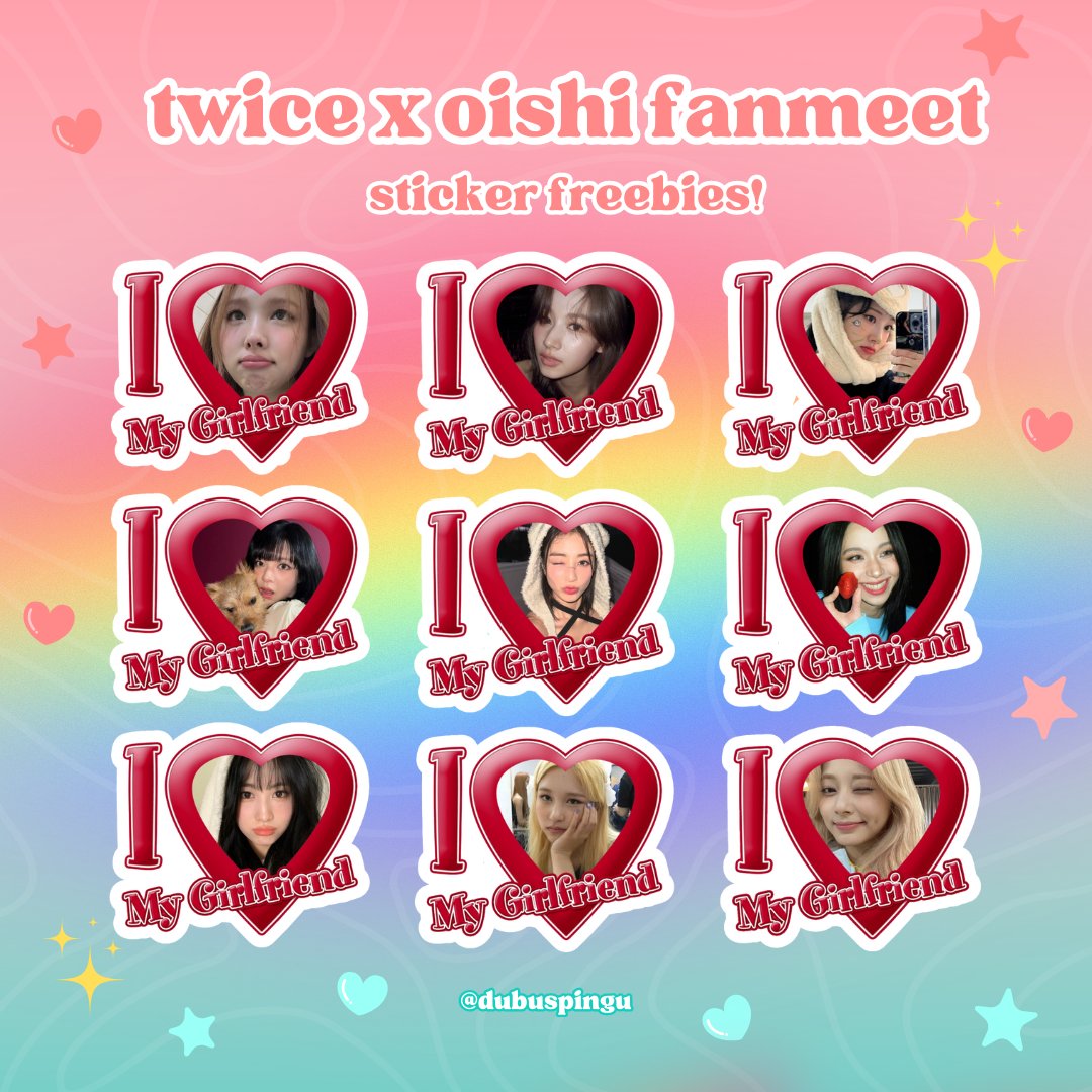 twice x oishi fanmeet   

i ♡ my gf stickers !!  

- like & rt to spread pls! 
- time & loc: tba on june 1 :]  
- open for trade ^-^  

#TwicexOishiSnacktacularFanMeet