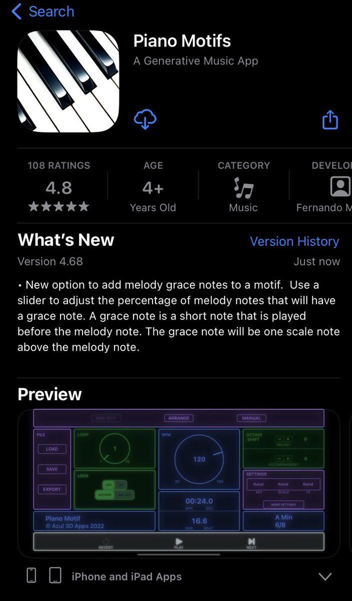 A new version of Piano Motifs (v4.68) is now available. You can now add Grace notes to the melody of a motif. Give it a try!

#generativemusic #ipadmusic #musicapp #midi #midiloops #iosmusicproduction #musicproducer #iosapps #musicideas #musicinspiration  #pianomotifs