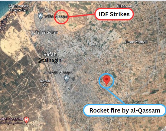 The locations are roughly 5km apart: 1. According to the IDF, the rocket fire by al-Qassam occurred at: 31.27889798213965, 34.281629256656394 2. An independent analysis of the strike location by @JakeGodin points to it being at (roughly): 31.3167344927773, 34.25132880540304