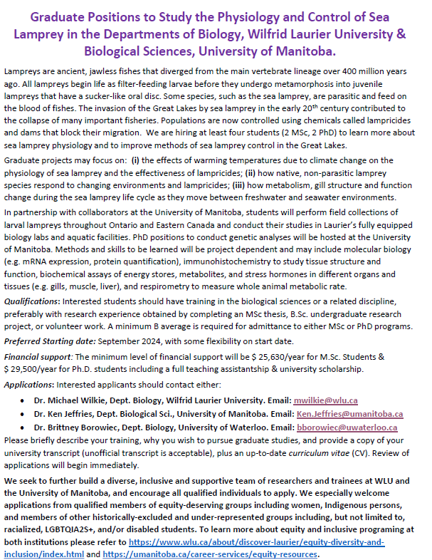 this_is_brit's tweet photo. Start: Sept 2024, some flexibility

Funding: $25.6k (MSc) or $29.5k (PhD) minimum 

Location: @LaurierBiology or @umanitobasci depending on project.

@NSERC_CRSNG @LampreyControl @APS_CEPS @APSPhysiology @SICB_ @csz_scz @SEBiology @CSEE_SCEE @IAGLR @AmFisheriesSoc 
2/2 https://t.co/cjRPzHVxP2