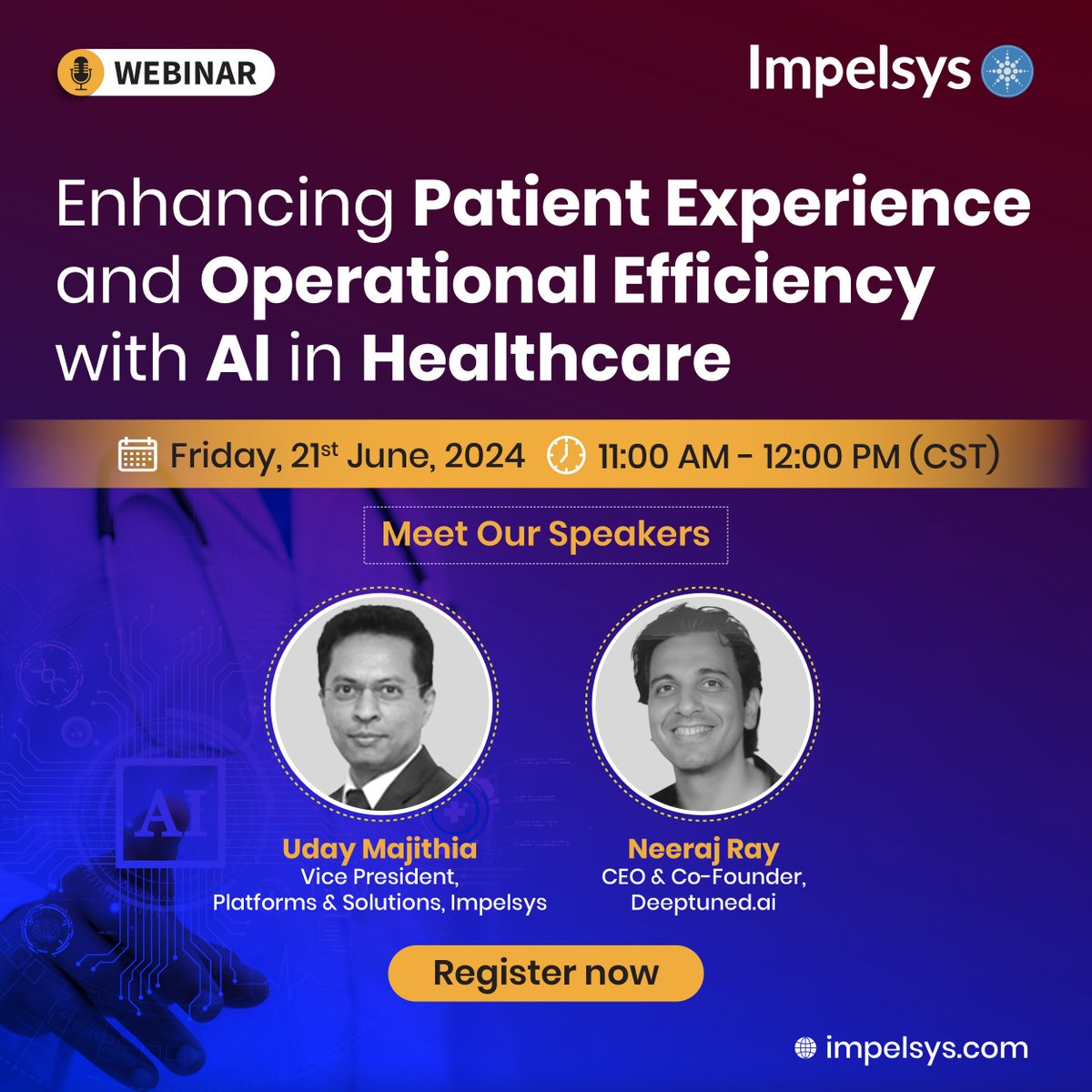 Join us for an exclusive webinar on 'Enhancing Patient Experience and Operational Efficiency with #AIInHealthcare.' Learn how #AI accelerates patient-care, transforms operations, and revolutionizes #healthcaredelivery. 
Register now at impelsys.com/webinars/enhan…
#Impelsys #AI