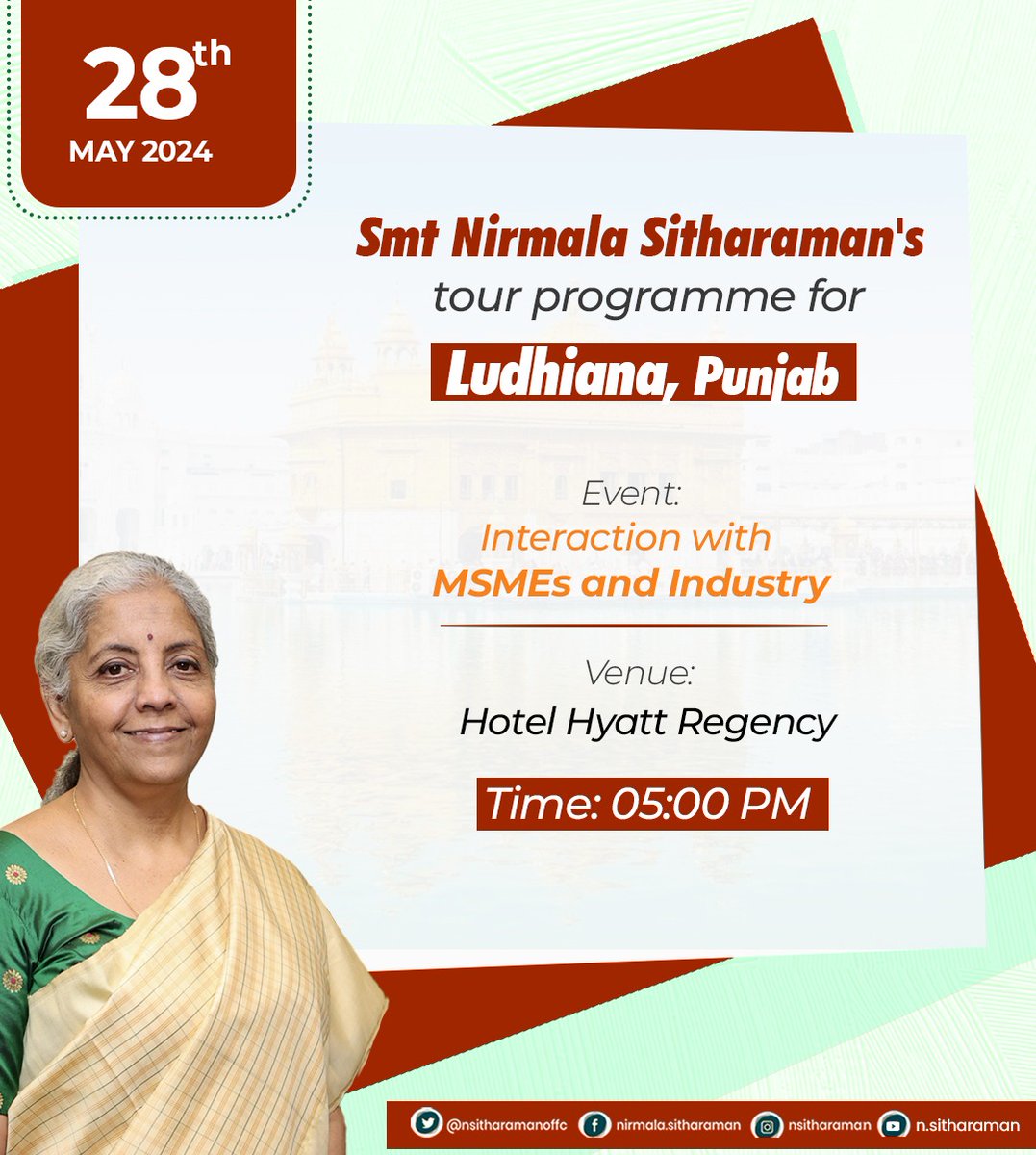 Programme details of Smt @nsitharaman's visit to Ludhiana, Punjab on May 28, 2024. @BJP4Punjab