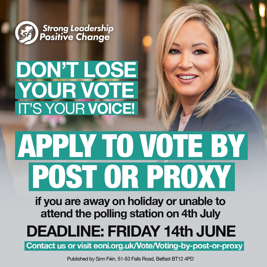 Are you away on holiday on 4th July? It’s easy to register for a postal or proxy vote & seize the opportunity to return the strongest Sinn Féin team & keep moving forward to a new & better future. Contact your local Sinn Fein office or download form: eoni.org.uk/Vote/Voting-by… 🗳️