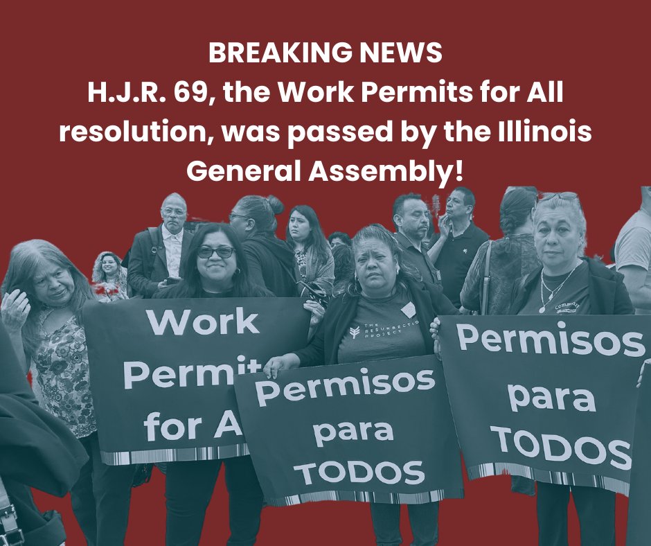 latinopolicy's tweet photo. EXCITING NEWS: The Illinois General Assembly passed H.J.R. 69, the #WorkPermitsForAll resolution! 🎉 This resolution sends urges President Biden to extend work permits for long-term undocumented #immigrant workers living in Illinois. 

#WP4A #immigration https://t.co/lKITjvj2tr
