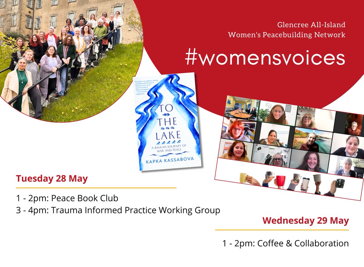 Lots coming up this week for our All-Island Women's Peacebuilding Network 
📌Working Group discussion on #traumainformed Practice 
📌Peace Book Club part II discussion of 'To the Lake'
📌Online Coffee & Collaboration.

To join📩amina.moustafa@glencree.ie.
#womensvoices