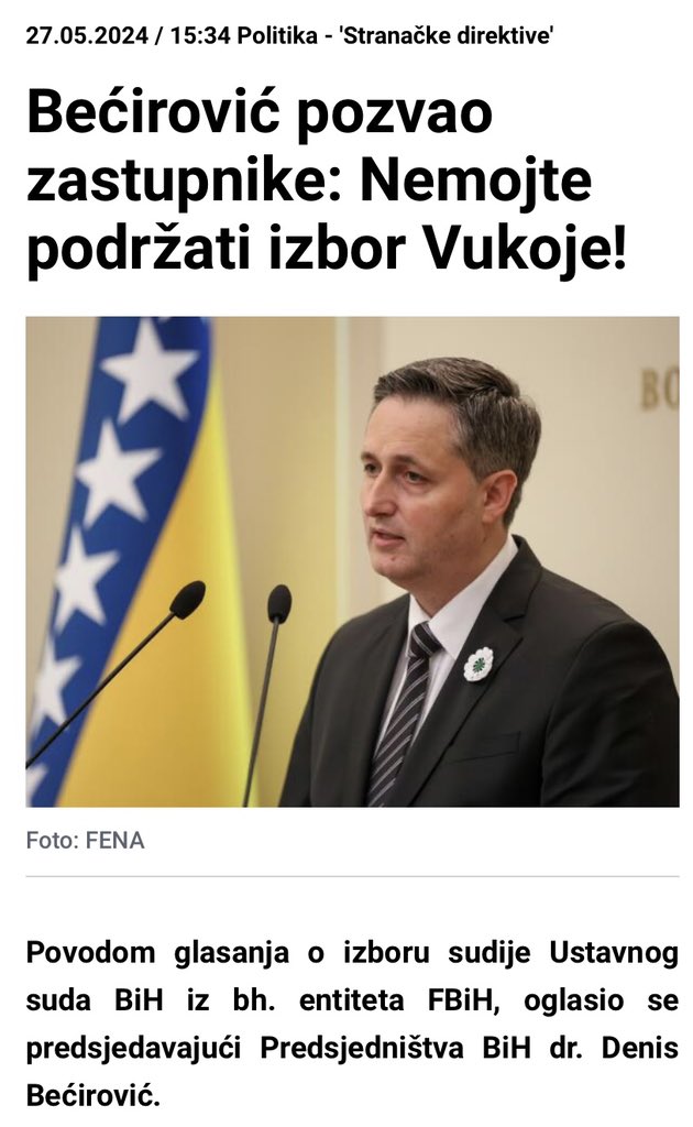 The Chairman of the BiH Presidency has also come out against elxn of the HDZ’s Vukojia as BiH Constitutional Court justice. This is hugely significant as it is his own SDP bloc whose votes will determine whether Vukoja actually gets the nod. Decisive moment in BiH politics.