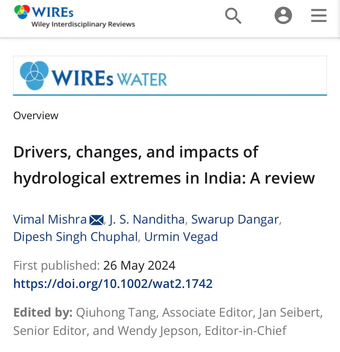 Pleased to share our review article on hydrological extremes (floods, droughts, flash floods, and flash droughts) in India that has appeared in WIREs Water: wires.onlinelibrary.wiley.com/doi/full/10.10… <a href="/ndmaindia/">NDMA India | राष्ट्रीय आपदा प्रबंधन प्राधिकरण 🇮🇳</a> <a href="/DoWRRDGR_MoJS/">Ministry of Jal Shakti, DoWR, RD&GR, GoI</a> <a href="/moesgoi/">MoES GoI</a> <a href="/IndiaDST/">DSTIndia</a>