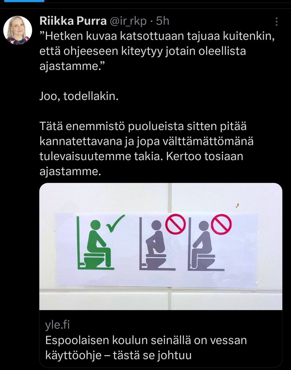 Olen ennustanut, että juuri tätä tulee tapahtumaan, kun PS:n kannatus laskee. Nyt paniikki on niin kova, että valtiovarainministeri ottaa kantaa yhteen kylttiin, joka löytyy jostain WC:ssä. Ei kannata reagoida tähän.