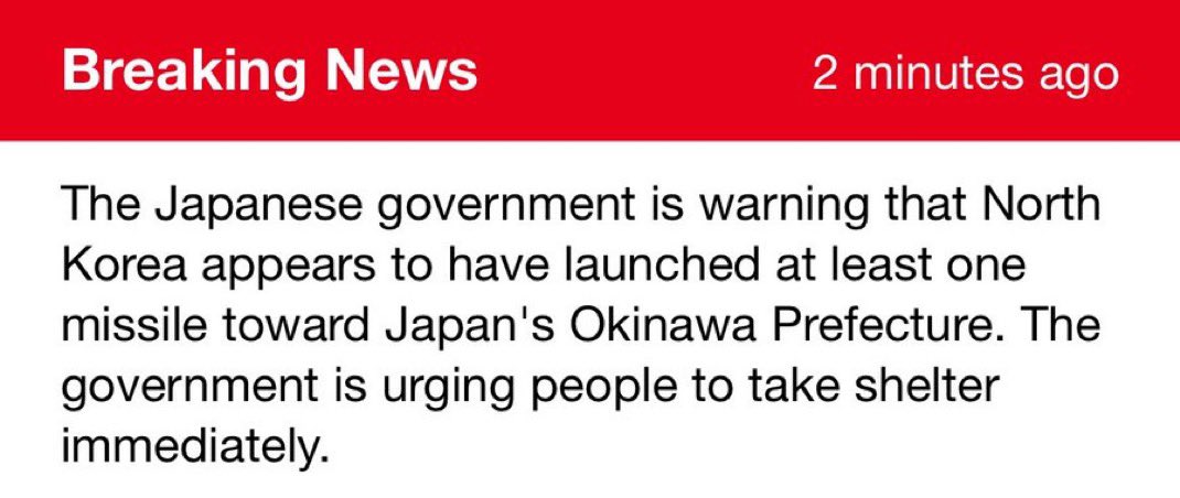 BREAKING: Japan issues J-alert following missile launch from North Korea. Residents told to take shelter immediately