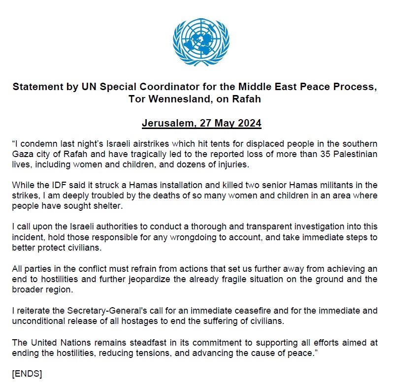 I condemn last night’s #Israel|i airstrikes which hit tents for displaced people in the southern #Gaza city of Rafah & have tragically led to the reported loss of more than 35 #Palestine|ian lives, incl. women & children. Read my full statement here👇