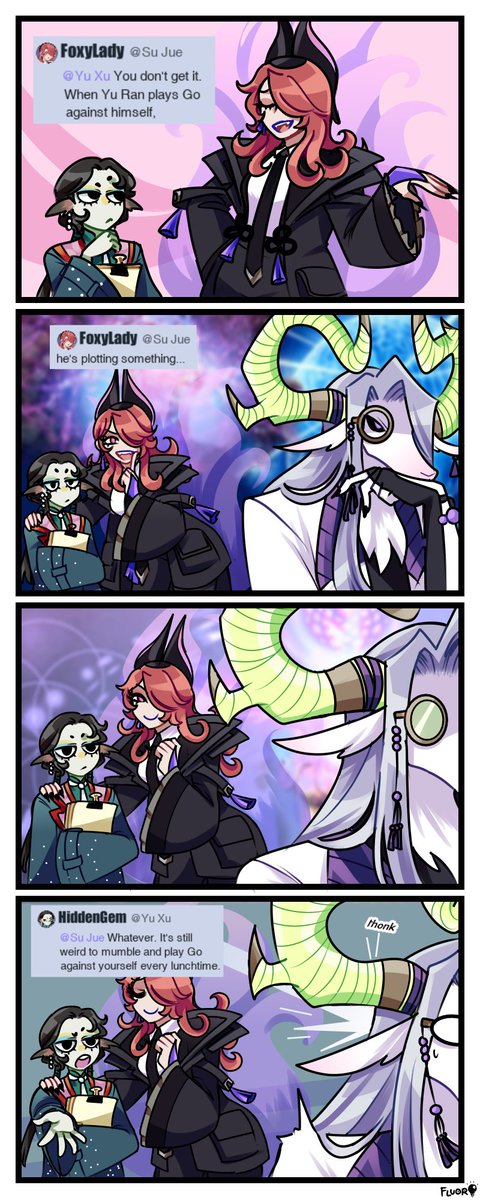 [#Dislyte / #DislyteFanart / #DislyteYuRan / #DislyteYuXu / #DislyteSuJue] Another Swiftspace comic! (Good thing Yu Xu only roasted Yu Ran on his priv posts--) 