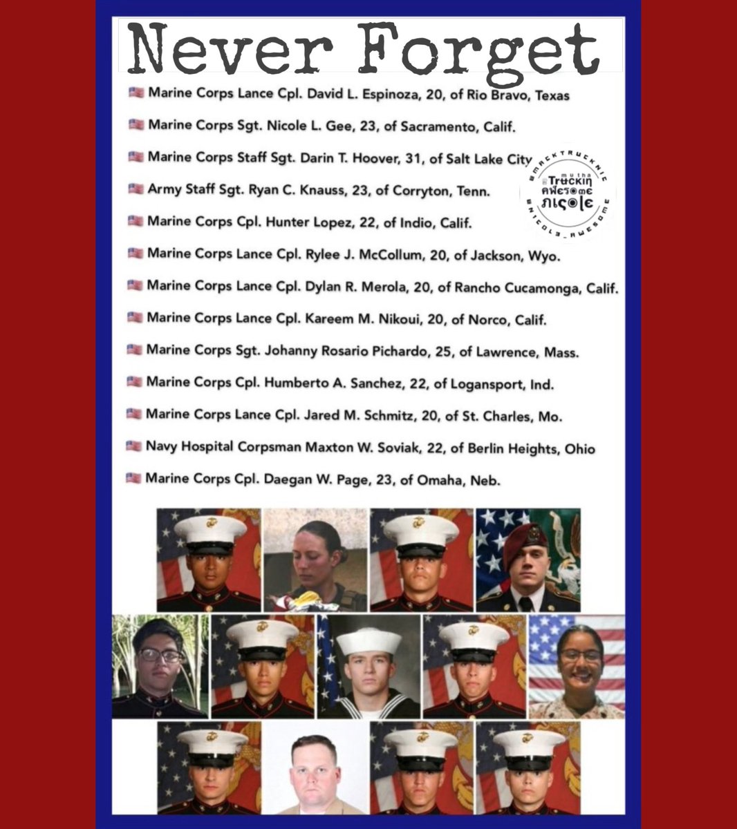 Good morning ☀️☕️🇺🇸❤️🤍💙 We should never forget these 13 service men and women who were left behind in Afghanistan by Joe Biden