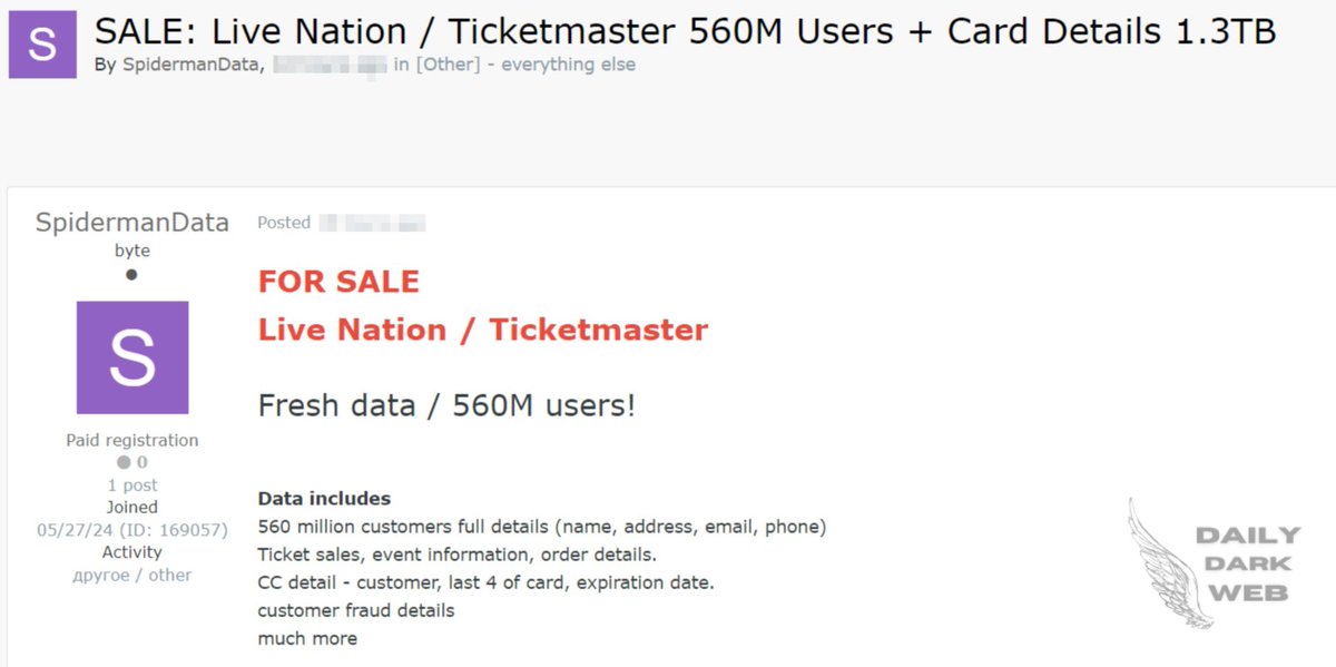 #UnitedStates 🇺🇸- Alleged Sale of Live Nation and Ticketmaster Data: 560 Million Users' Information on the Dark Web Link: dailydarkweb.net/alleged-sale-o… #DarkWeb #ticket #Ticketmaster #LiveNation #database #cybersecurity #Entertainment