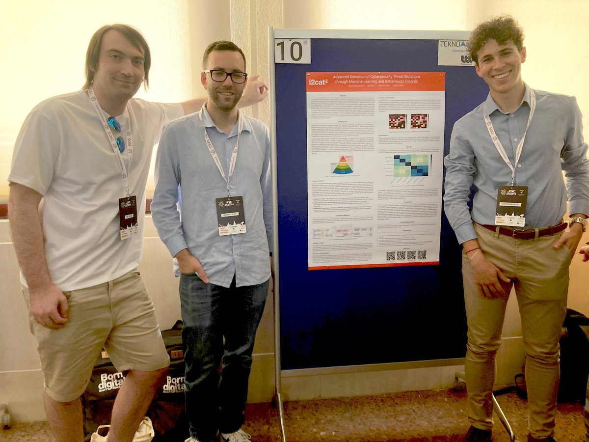 ➡️Jordi Doménech, Nil Ortiz i Albert Calvo participen en les IX Jornades Nacionals de Recerca en Ciberseguretat @jnic_conf en Sevilla. 🔒💻Els investigadors presenten dos pòsters: un aborda la detecció de mutacions d'amenaces de #ciberseguretat mitjançant el modelatge del