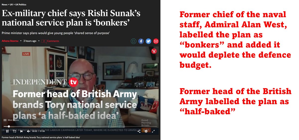On the Tory plan for National Service: 'Bonkers' - former Navy chief 'Half-baked' - former Army chief Seems to be just the Tories and their right wing extremists enablers in the media in favour... #sunakout #toriesout #torybonkersplan #toriesunfittogovern #toryhalfbakedplan