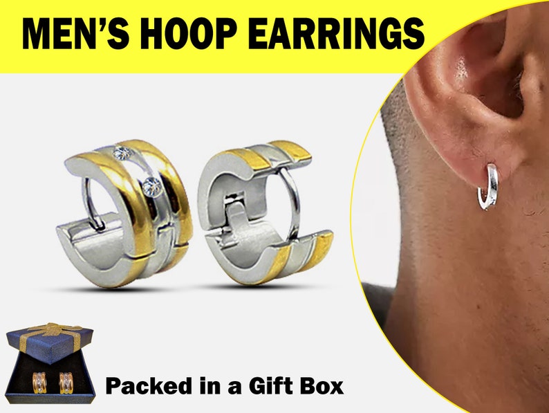 Men's Huggie Hoops Earrings with Gold Line Tone and CZ Crystal - Stainless Steel Hoops Earrings for Men - 1 Pair Packed in a Gift Box.
#huggiehoopearrings #steelhoopearrings #menhoopearrings #clickerearrings #goldlinetonehoopearrings #cliponhoopearrings 
🛒etsy.com/uk/listing/160…