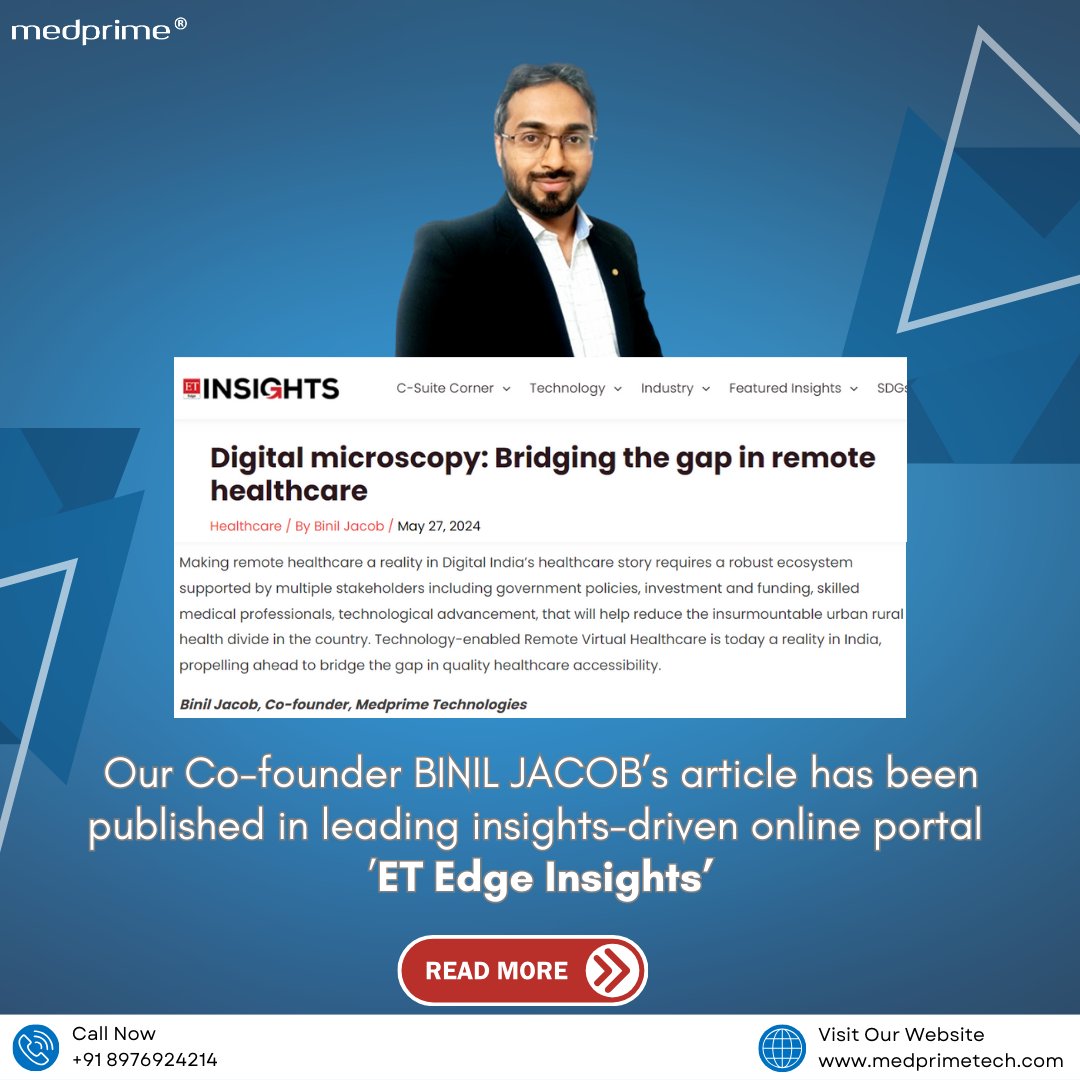 medprimetech's tweet image. Thank you @et_insights for publishing our Co-Founder  Binil Jacob&apos;s @binilj04 article on &apos;Digital Microscopy: Bridging the gap in Remote Healthcare and for the shout out: rb.gy/us83up

Link to the article: rb.gy/puk3q8
#medprimetechnologies #smartmicroscopy