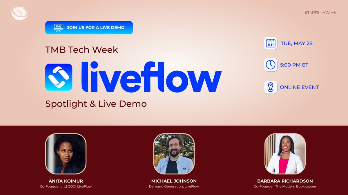 modernbookkeepr's tweet image. Tomorrow: #TMBTechWeek: Spotlight on @LiveFlow_io, 5 PM ET! Don&apos;t miss @AnitaKoimur’s session on financial modeling, plus insights from @brichtweets and @MichaelJohnsonH.

We&apos;d love to see you there: events.teams.microsoft.com/event/752ffa82…

#FinancialExpertise #LiveFlow #TMB