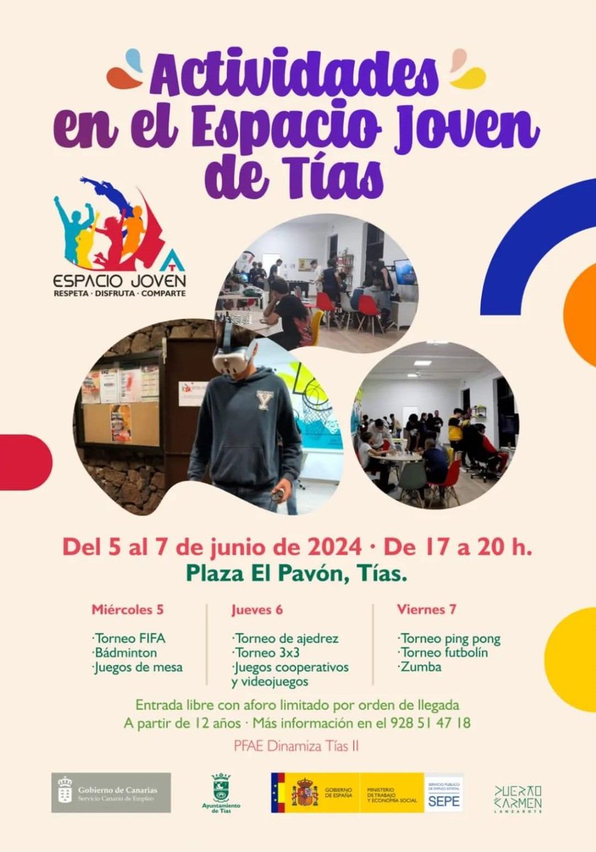 🎉 ¡Vive las Fiestas de San Antonio 2024 con las Actividades Juveniles! 👉 Si tienes más de 12 años ven a disfrutar de las actividades juveniles en el Espacio Joven de Tías por las fiestas de San Antonio 🗓 5 al 7 de junio ⏱ 17:00 y 20:00 horas 📍 Plaza El Pavón (Tías)