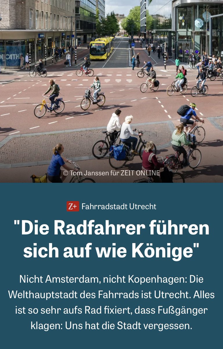 Finde dieses Framing dieses ZEIT-Artikels echt schwierig. Utrecht ist auch für Fußgänger 1000x mal angenehmer als jede autoverstopfte Stadt in 🇩🇪 und anstatt die Vorteile hervorzuheben, konzentriert man sich auf die eine Frau, die sich von den vielen Fahrrädern gestört fühlt😕