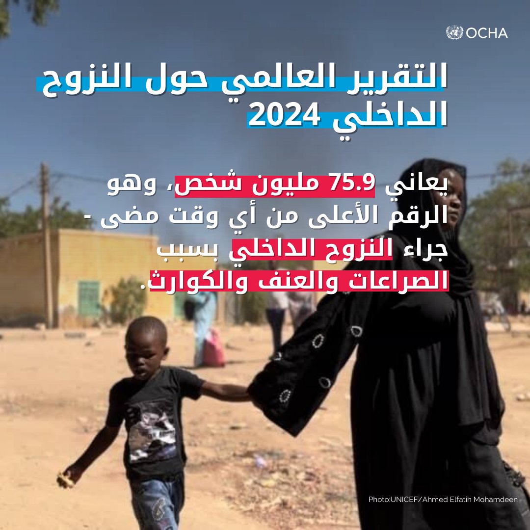 يوضح التقرير العالمي حول النزوح الداخلي لعام 2024 أن عدد النازحين داخليًا ارتفع بنسبة 50% خلال السنوات الخمس الماضية.

أدى الصراع، وعلى الأخص في السودان وجمهورية الكونغو الديمقراطية وغزة، إلى نزوح تاريخي.

المزيد من @IDMC_Geneva:
bit.ly/3UKb0mw