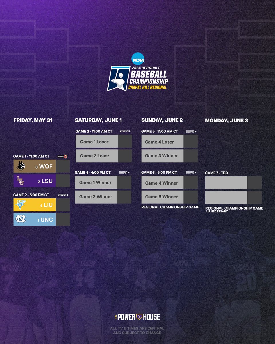 LSUbaseball's tweet photo. The Chapel Hill Regional Bracket

🔗 https://t.co/ffMG7ThM20 https://t.co/vCSbbpW7mh