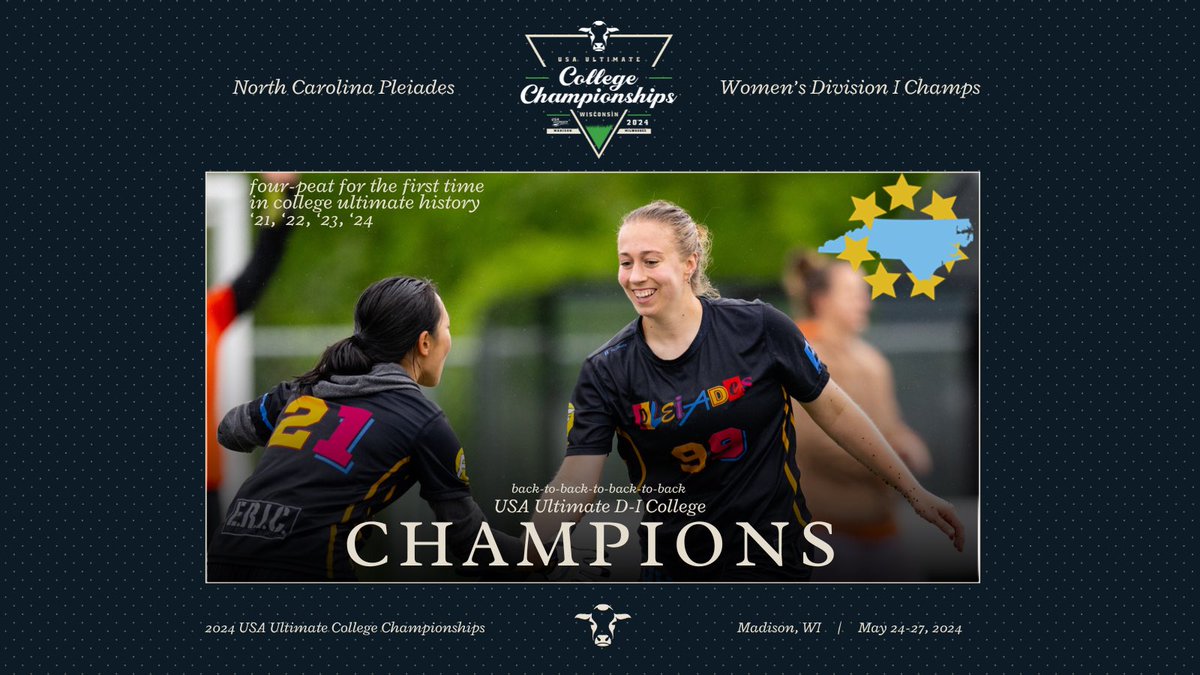 A run FOUR the ages. 🏆🏆🏆🏆

<a href="/UNC_Pleiades/">UNC Pleiades</a> become the first ever program to win four straight titles in USA Ultimate College history, defeating Stanford 15-10 in the final! 

#USAUCollegeChamps | #USAUltimate