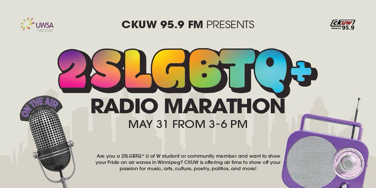 In celebration of Pride on campus and in our community, CKUW is hosting a Pride Radio Marathon. Make your own radio show and broadcast with CKUW live on air! BOOK ONLINE ➡️ ckuw.ca/pride