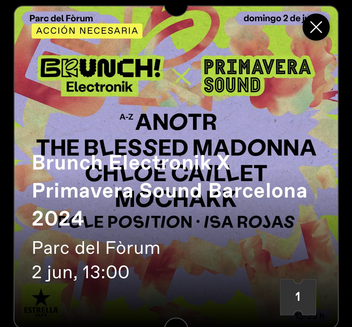 sandraholgado's tweet photo. Vendo entrada para el Brunch Electronik de Barcelona el domingo 2 de junio. Interesados MD https://t.co/HjDtPnFHoj