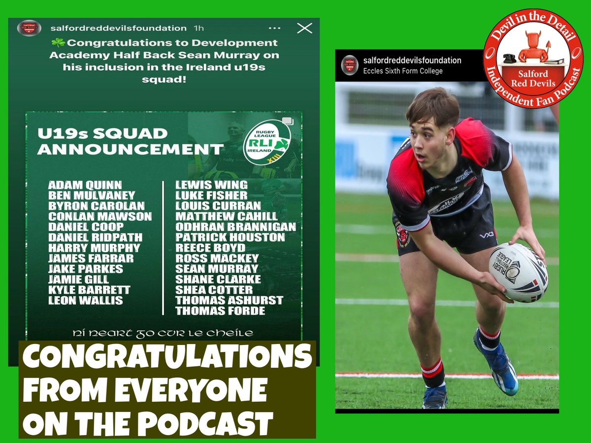 ditdsrd's tweet photo. Congratulations to Sean Murray who is part of our @SRDFoundation development academy he has been call up to the Ireland under 19s congratulations from Everyone on the podcast. ๐น๐ ๐ฎ๐ช #salfordreddevils #irelandRL https://t.co/iIkn4SNbDj