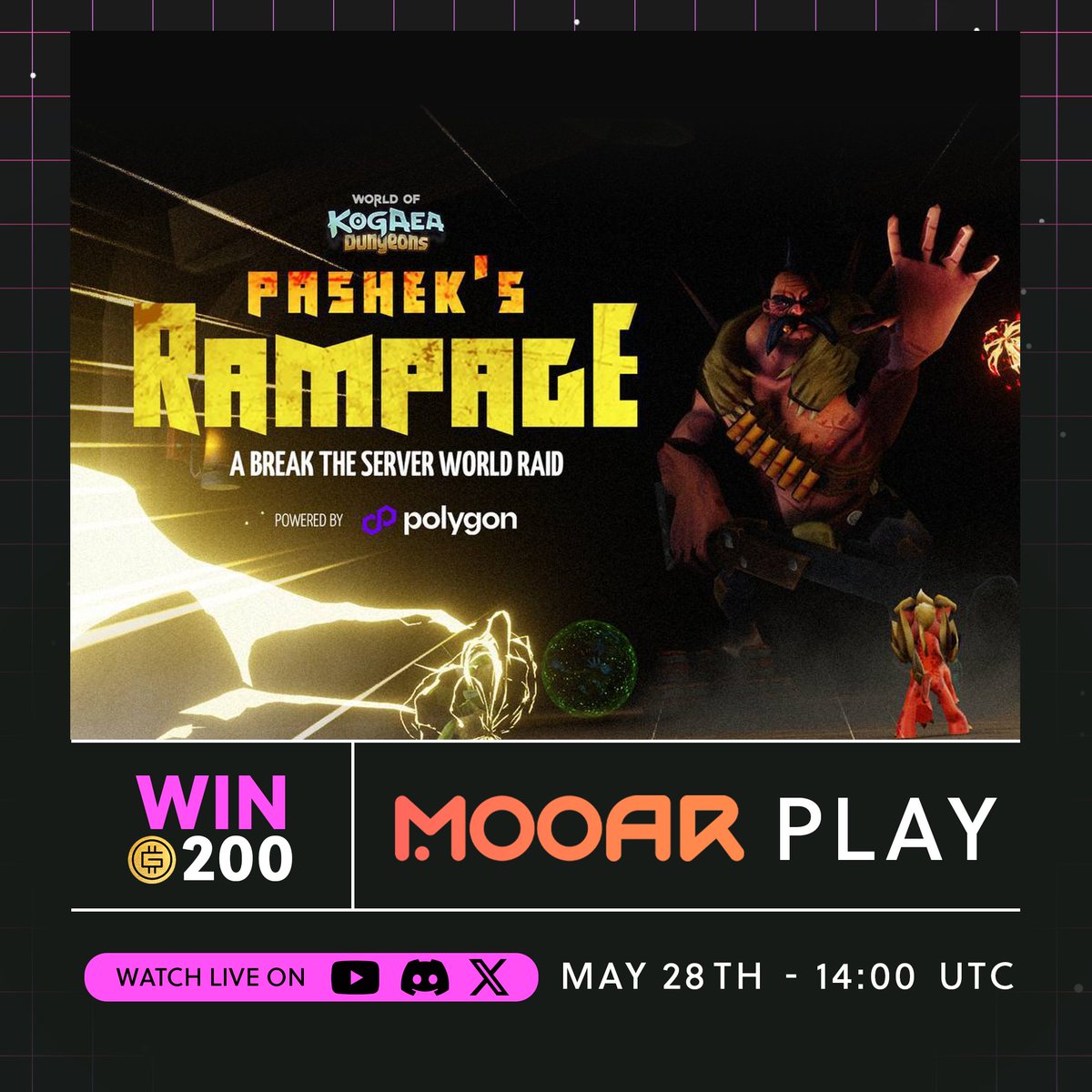 Let the Games Begin! 🏆🔥 😺 We’ve been invited to the @KryptomonTeam World Raid to defeat Pashek! Tune into our Live Stream and join the fun. 📅 May 28th, 14:00 UTC 💸 We’re giving away 200 GMT! All you need to do is: 1️⃣ Follow @mooarofficial and @KryptomonTeam 2️⃣ 💖 & 🔁