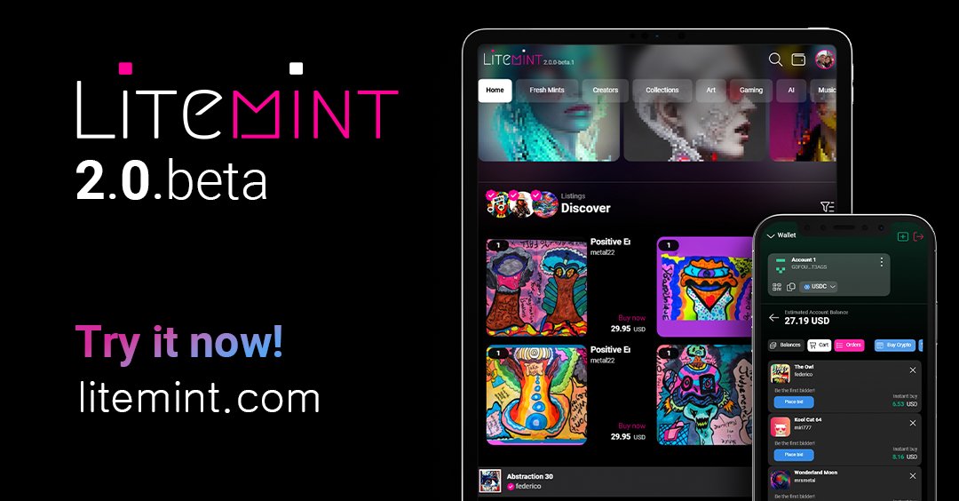 ✨ Litemint 2.0 beta is now available to try out! ✨

Check out our Discord announcement for detailed feature rollout, including Soroban auctions, on-chain royalties, instant minting, and store releases #Web3 #NFT Try here👉 litemint.com