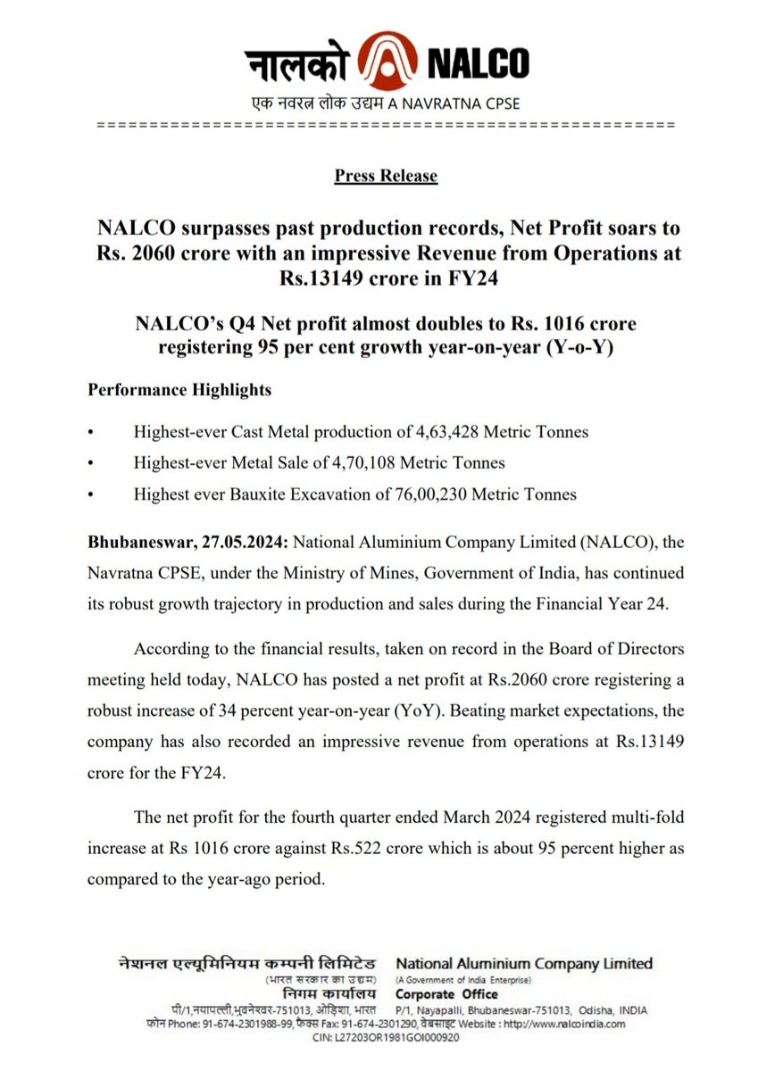 #NALCO

Surpasses Past production record in FY24 🔥 

Also remember - Aluminium prices have started moving higher from April onwards -

 So current Q1 margins may well be even better than Q4.
 
One of the most efficient PSU metal company.