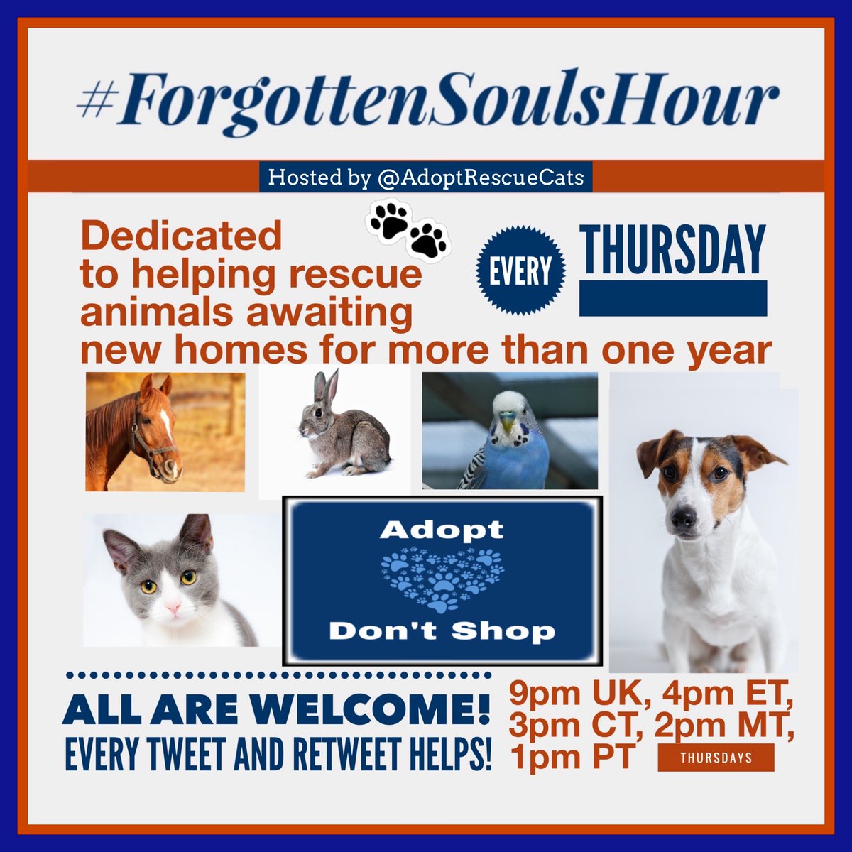 AdoptRescueCats's tweet photo. Attn #RescueGroups: Do you have #pets waiting for a home for over a year? Give them extra exposure today & every Thurs during #forgottensoulshour! Just tweet your animals btw 1-2pm PT (4-5pm ET) and add hashtag #forgottensoulshour
#cats #dogs #rescue #catrescue #dogrescue #adopt https://t.co/41ffBR5pOy