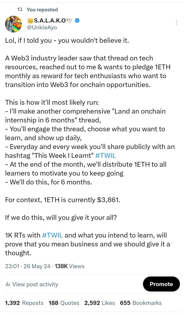 It hasn't happened before. Every month, we'll share 1ETH (~ $4,000) amongst learners who show up daily with #ThisWeekILearnt #TWIL I've taken time to put together resources to get you started onchain, in web3/blockchain. It took me 4 hours to make this thread. Make use of it.