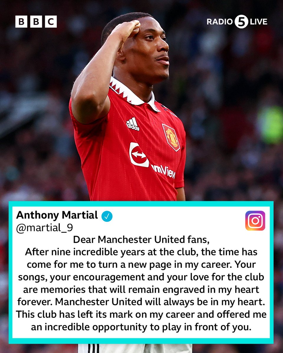 Anthony Martial has confirmed via his instagram page he is leaving Manchester United as a free agent. The french forward thanked #MUFC fans in his goodbye post for their 'unwavering support, through the good times and the difficult.' 👹 #BBCFootball