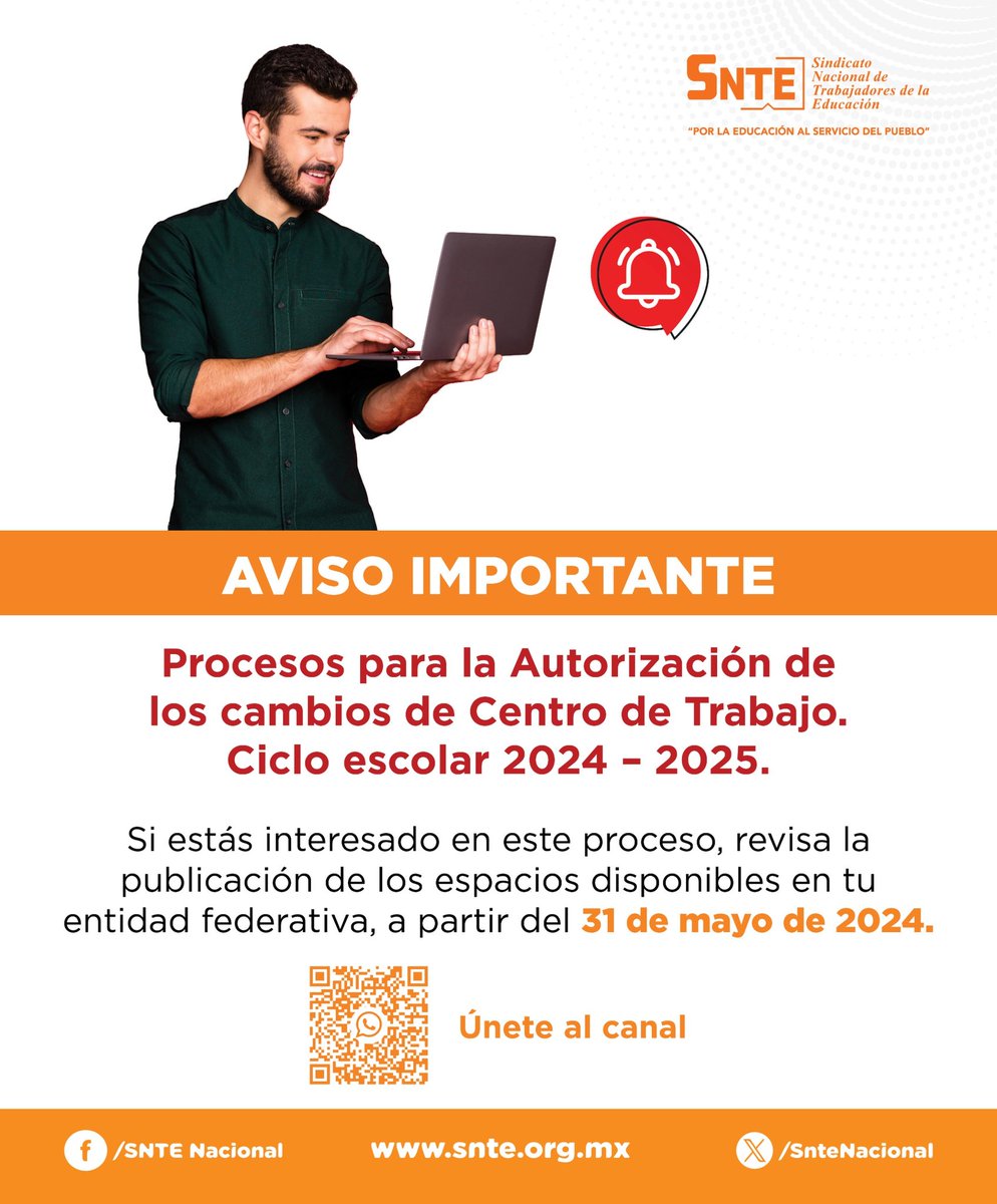 omarp_perez's tweet photo. 📢 ¡AVISO IMPORTANTE! 

👩🏽‍🏫👨‍🏫 Procesos para la Autorización de cambios de Centro de Trabajo. 🏫 Ciclo escolar 2024 - 2025.  

Si estás interesado, revisa la publicación de los espacios disponibles en tu entidad federativa, a partir del #31deMayo de 2024. 🗓️ https://t.co/V3ujQMnRcE